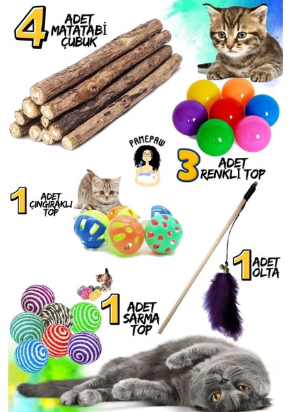 Luxury 10'lu Set: 4 Adet Matatabi Çubuk + Sarma Topu+3'lü Renkli Top+ Kedi Oltası+Çıngıraklı Top 1 Adet