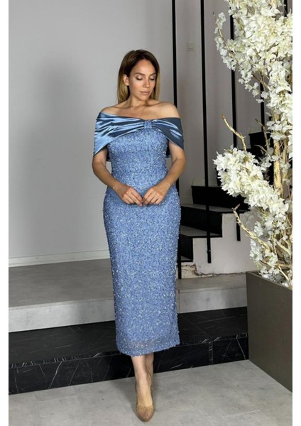 G1411 Saten Yaka Detaylı Tasarım Abiye Elbise Indigo