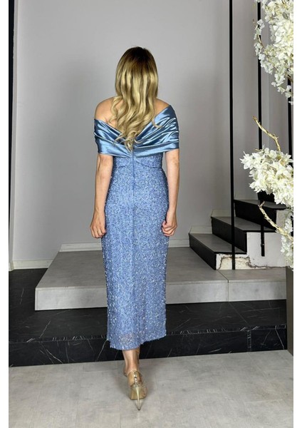 G1411 Saten Yaka Detaylı Tasarım Abiye Elbise Indigo fiyatları