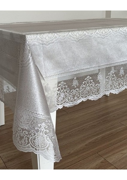 Dertsiz Dantelli Tül Leke Tutmaz Masa Örtüsü 160 x 220 cm ,8 Kişilik,ekru,gri