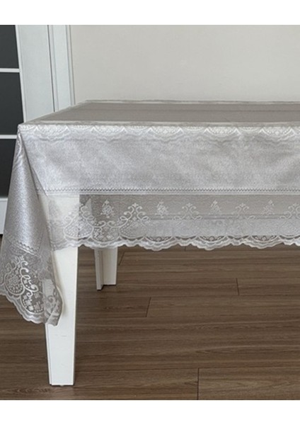 Dertsiz Dantelli Tül Leke Tutmaz Masa Örtüsü 160 x 220 cm ,8 Kişilik,ekru,gri
