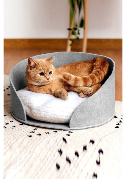 Luxury Puki Kedi Yatağı Gri Peluş Minderli Evcil Hayvan Kedi Minderi Kedi Yuvası Evi Kulübesi 1 Adet