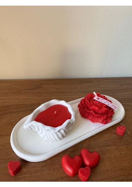 3 Parça Sevgililer Günü Dekoratif Mumu Kırmızı Kokulu Şakayık Çiçeği Mum ve Deniz Kabuğu ve Altlık modelleri