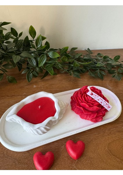 3 Parça Sevgililer Günü Dekoratif Mumu Kırmızı Kokulu Şakayık Çiçeği Mum ve Deniz Kabuğu ve Altlık fırsatları
