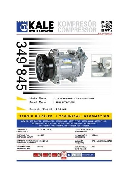 349845 Klima Kompresörü Dacıa Logan 1.4-1.6-1.5dci 05- Sand