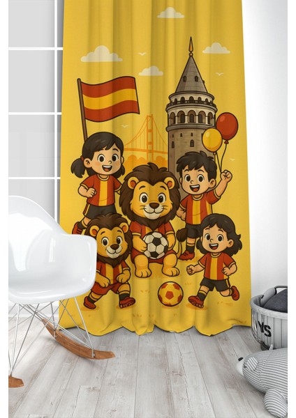 Çocuk ve Bebek Odası Sarı Kırmızı Taraftar Futbol Serisi Fon Perde Tek Kanat (Curtaın)