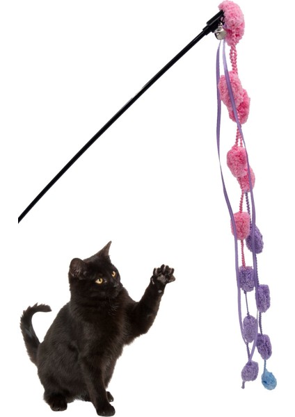 Luxury Renkli Ponponlu Kedi Oltası 50 cm Ses Çıkaran Çıngıraklı Kedi Oyun Oltası 1 Adet