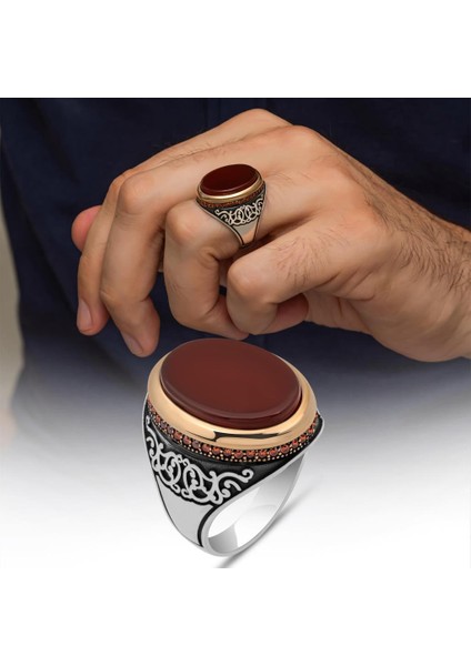 Akik Oval Taşlı 925 Erkek Gümüş Yüzük