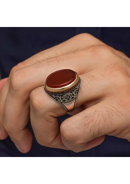 Akik Oval Taşlı 925 Erkek Gümüş Yüzük