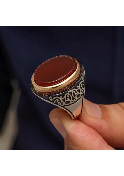 Akik Oval Taşlı 925 Erkek Gümüş Yüzük