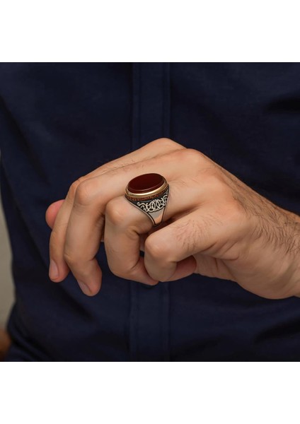 Akik Oval Taşlı 925 Erkek Gümüş Yüzük