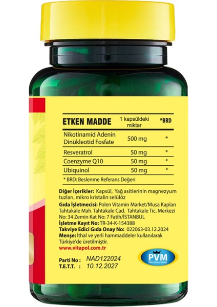 Vıtanad 500 Mg 60 Kapsül Nad Resveratrol Koenzim Q10 (Nad Resveratrol Nad 500 Koenzim Q10 vitanad )