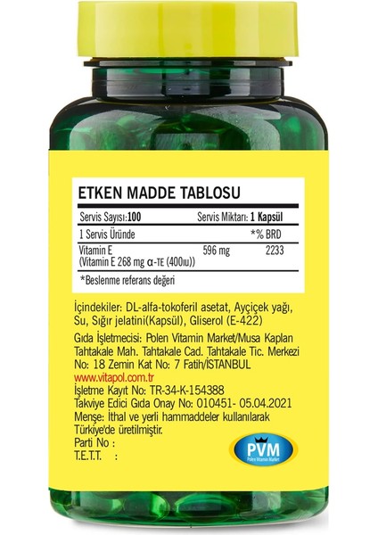 E Vitamini 268 Mg 100 Kapsül fiyatları
