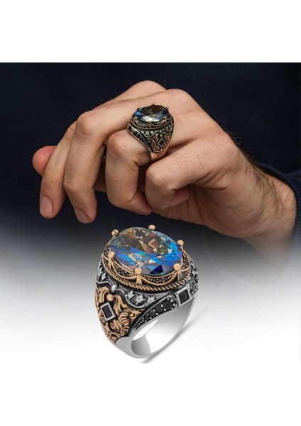 Oval Mistik Topaz Taşlı 925 Gümüş Erkek Yüzük