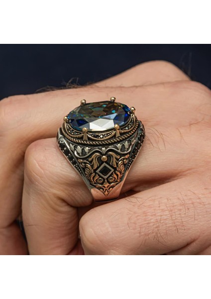 Oval Mistik Topaz Taşlı 925 Gümüş Erkek Yüzük modelleri