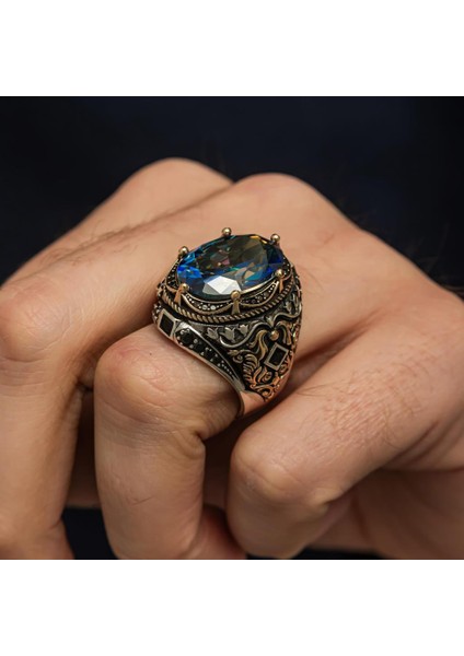 Oval Mistik Topaz Taşlı 925 Gümüş Erkek Yüzük indirimleri