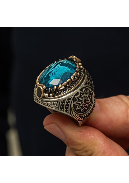 Fetih Koleksiyonu Kurt Başı Mavi Taşlı 925 Gümüş Yüzük