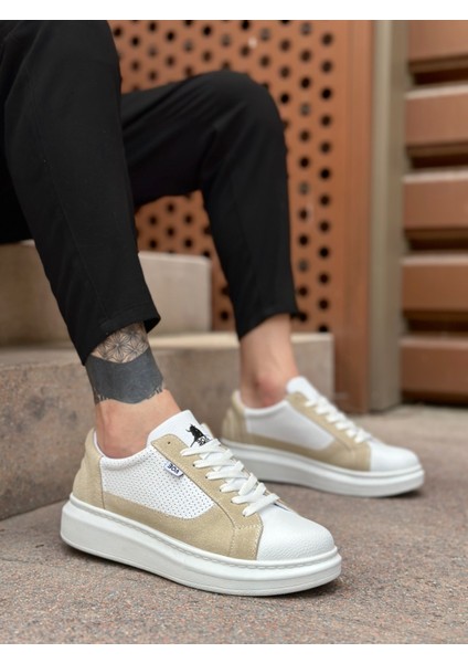 ET0423 Kalın Yüksek Taban Beyaz Krem Bağcıklı Spor Erkek Ayakkabı fırsatları