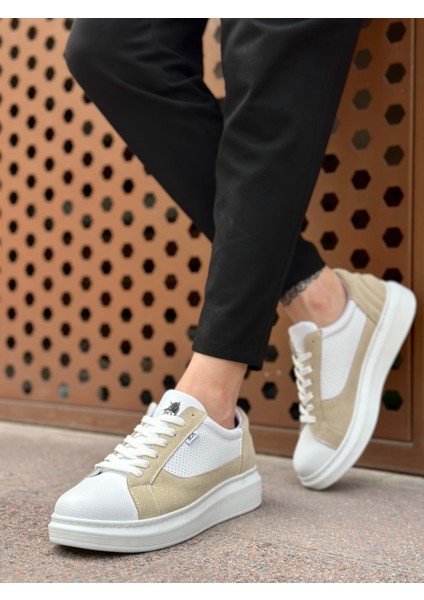 ET0423 Kalın Yüksek Taban Beyaz Krem Bağcıklı Spor Erkek Ayakkabı indirimleri