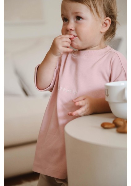 Pembe Bisiklet Yaka Oversize T-Shirt Bebek - Çocuk