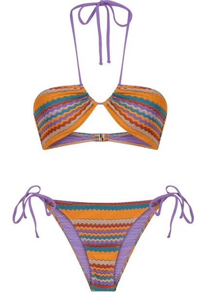 Renkli Triko Halter Yaka Bikini Takım