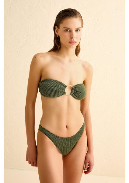 Kabartma Dokulu Haki Simli Straplez Bikini Takım