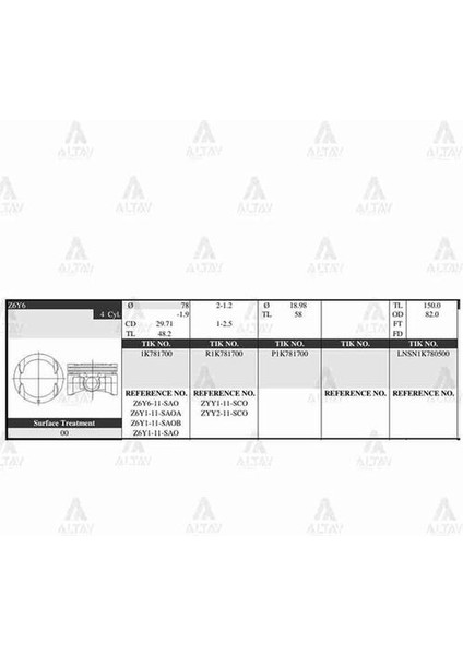 Tık 1K781700-50 Piston Takım Mazda 3 1.6l 03-09 78.50MM Z6Y6 0.50