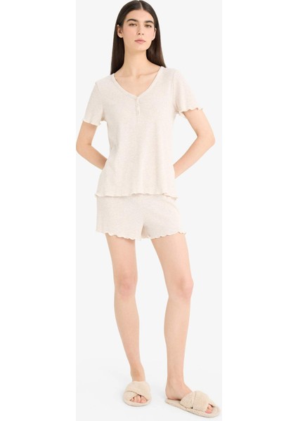Regular Fit Ribana Kısa Kollu Pijama Üstü Esnek Belli Şort Pijama Altı- Fall in Love E9832AX25SM