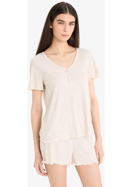 Regular Fit Ribana Kısa Kollu Pijama Üstü Esnek Belli Şort Pijama Altı- Fall in Love E9832AX25SM