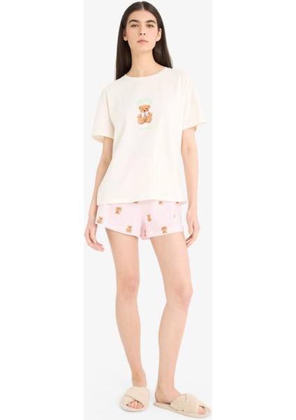Pijama Takımı Kısa Kollu Baskılı Üst Esnek Belli Şort-Fall in Love F1623AX25SM