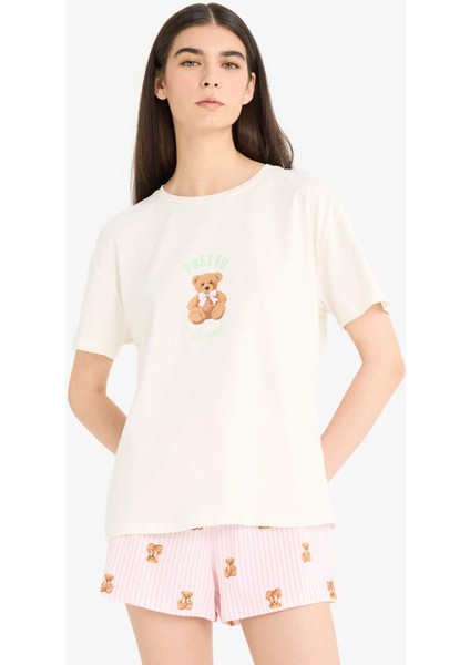 Pijama Takımı Kısa Kollu Baskılı Üst Esnek Belli Şort-Fall in Love F1623AX25SM