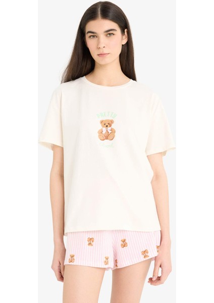 Pijama Takımı Kısa Kollu Baskılı Üst Esnek Belli Şort-Fall in Love F1623AX25SM