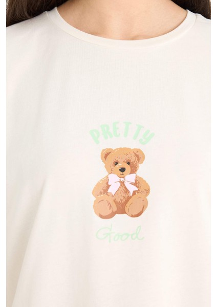 Pijama Takımı Kısa Kollu Baskılı Üst Esnek Belli Şort-Fall in Love F1623AX25SM