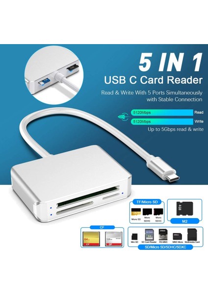 Sd Kart Okuyucu USB C, 5'i 1 Arada Tip C Micro-Sd Tf Cf M2 Kart Adaptörü (Yurt Dışından)