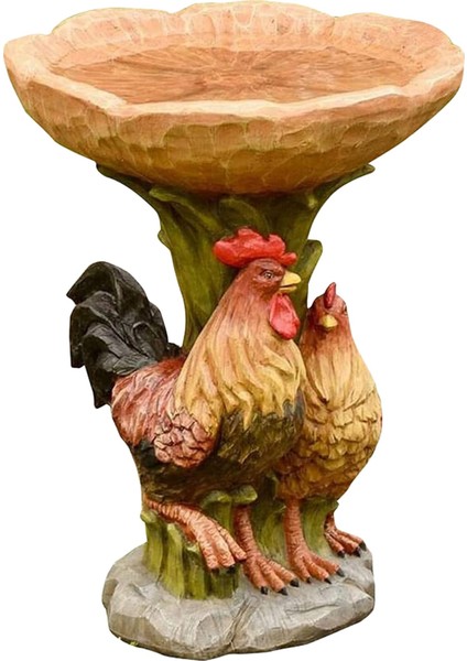 Horoz ve Tavuk Polyresin Kuş Banyosu Kahverengi Kaide Açık Bahçe Için (Yurt Dışından)
