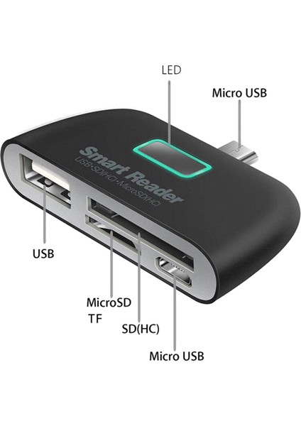 Android Için Micro-Usb'li 4'ü 1 Arada Otg Tf Akıllı Kart Okuyucu (Siyah) (Yurt Dışından)