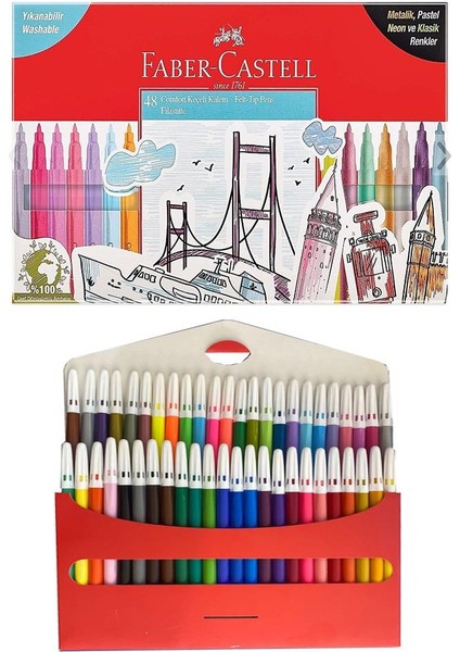 48 Renk Keçeli Kalem Yıkanabilir Su Bazlı 1 Paket Faber 48 Li Keçeli Kalem Metalik Pastel Neon ve Klasik Renkler