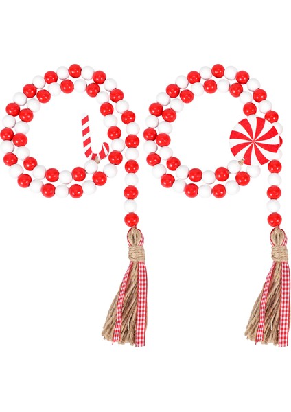 Püsküllü ve Baston Şekerli Noel Ahşap Boncuk Çelengi Kolye (Yurt Dışından)