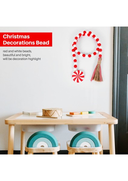 Püsküllü ve Baston Şekerli Noel Ahşap Boncuk Çelengi Kolye (Yurt Dışından)