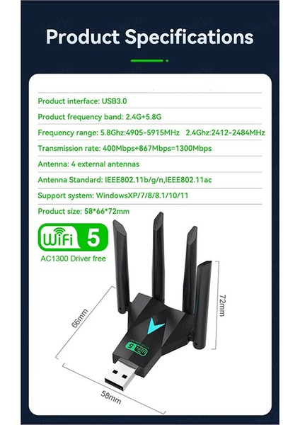 Yeni 1300MBPS Wifi USB Adaptörü Çift Bant 2.4g/5ghz Wi-Fi Dongle (Yurt Dışından)