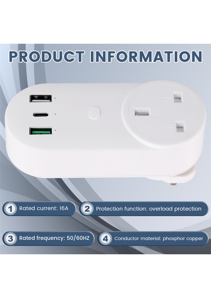 Akıllı Soket Wifi Fişi 16A 2 Delikli Usb+Tip-C Ingiltere Fişi (Yurt Dışından)