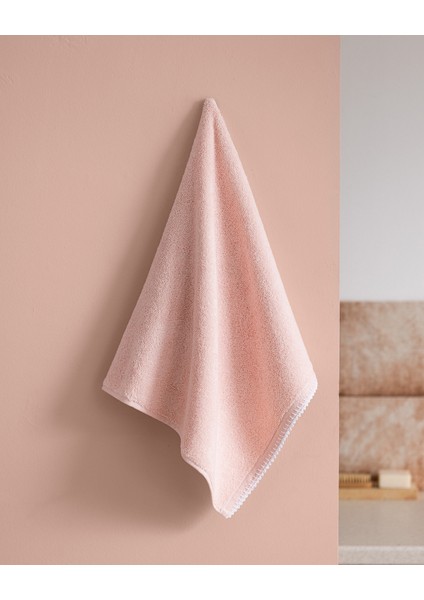 Aveline Kroşeli %100 Pamuk Yüz Havlusu - Pudra/beyaz - 50X70 cm