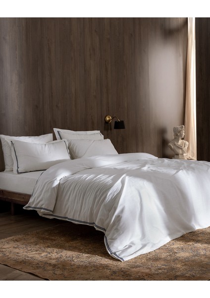 Tina King Size Linen Look Yıkamalı %100 Pamuk Nevresim Takımı - Beyaz/lacivert