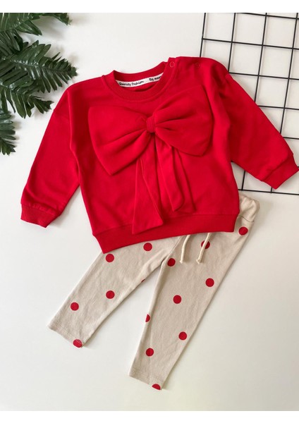 Minicixbebe Kırmızı Fiyonklu Pamuklu Kız Bebek 'li Takım