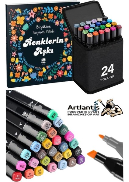 24 Adet Çift Taraflı Marker Kalem Çantalı 1 Paket 24 Renk Touch Markör Renklerin Aşkı Mandala Büyüklere Boyama Kitabı
