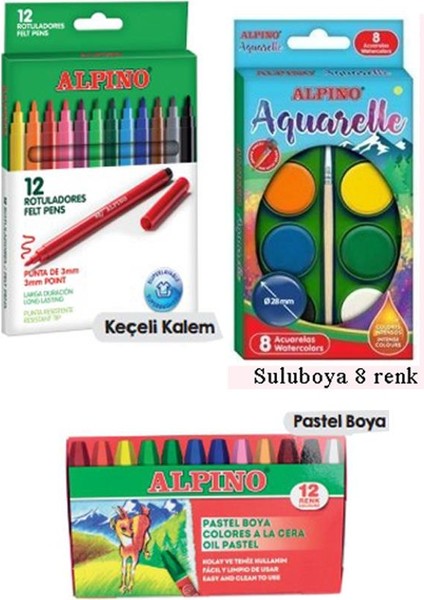 Okul Kırtasiye Seti 15 Parça 1 Paket Alpino Keçeli Kalem Kuruboya Pastel Boya Oyun Hamuru Makas Stick Yapıştırıcı modelleri