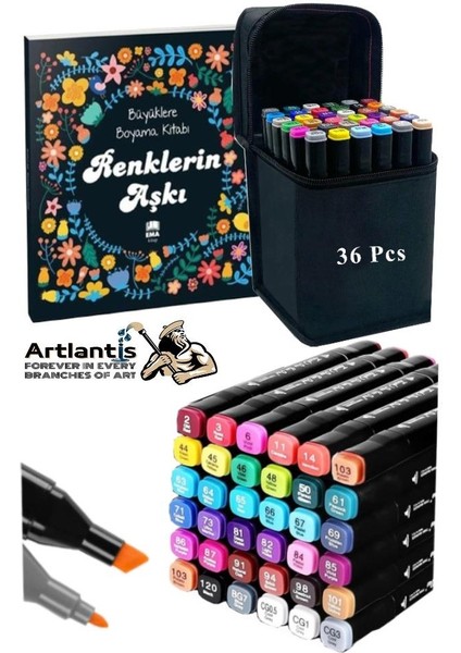 36 Adet Çift Taraflı Marker Kalem Çantalı 1 Paket 36 Renk Touch Markör Renklerin Aşkı Mandala Büyüklere Boyama Kitabı