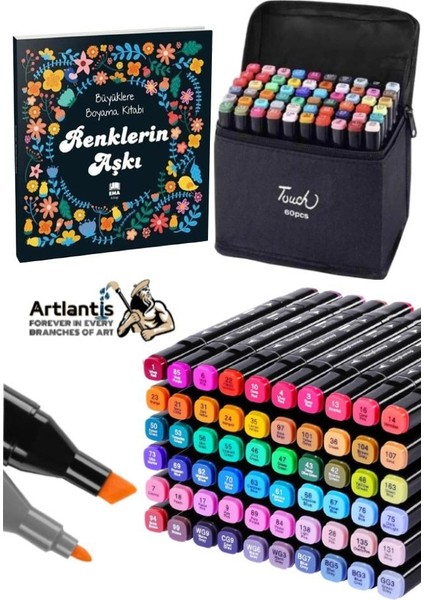 60 Adet Çift Taraflı Marker Kalem Çantalı 1 Paket 60 Renk Touch Markör Renklerin Aşkı Mandala Büyüklere Boyama Kitabı