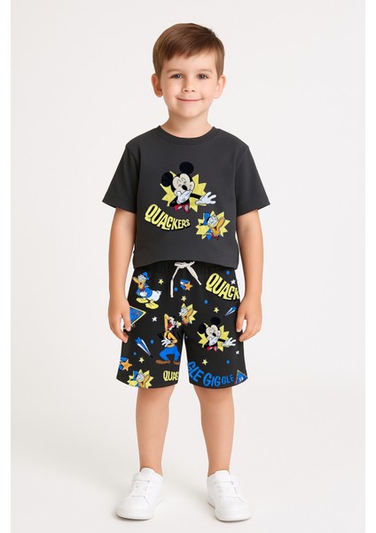 Erkek Çocuk Mickey Mouse Baskılı Siyah Şortlu Takım (3-8 Yaş) |yazlık %100 Pamuk Eğlenceli Ikili Set