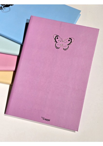 Bycappi Pembe Kelebek Desenli Yazılı A4 160 Yaprak Çizgili Not Defteri